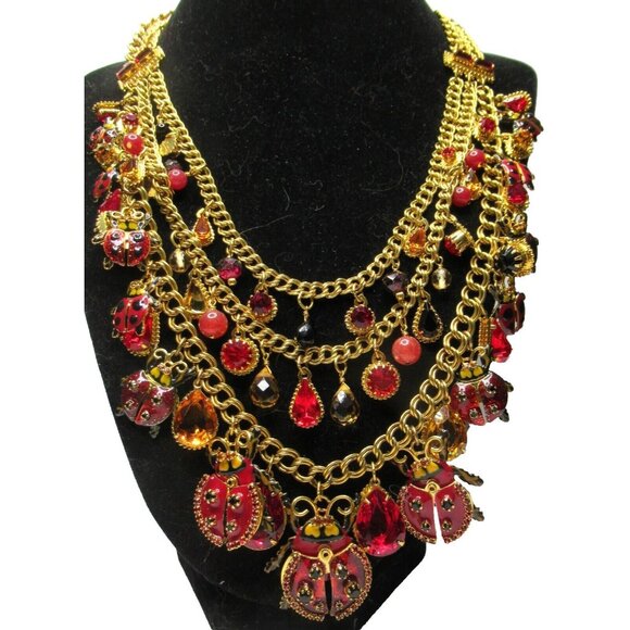 LUNCH AT THE RITZ Red & Black Enamel Crystal Ladybug Necklace - Picture 1 of 10